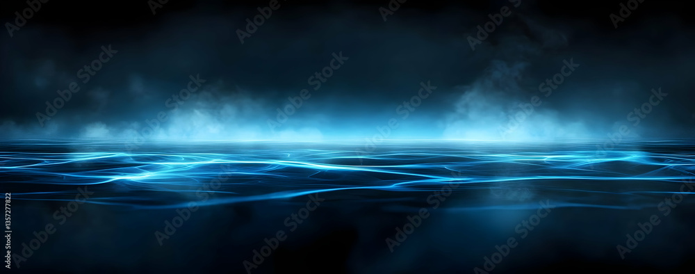 Poster a captivating view of dark waters illuminated by glowing blue light, creating a serene and mystical 