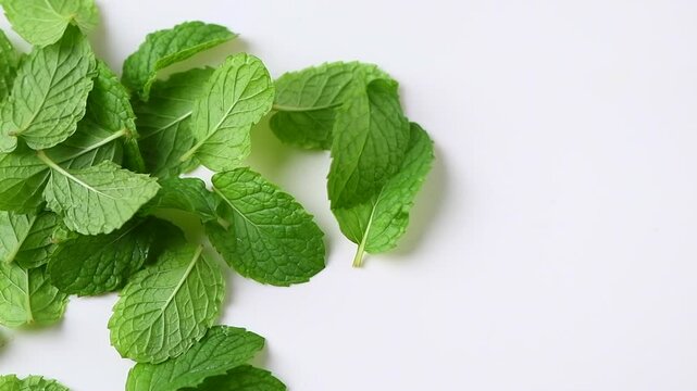 Fresh peppermint fall down isolated on white background. It is widely used in food, beverages, cosmetics, and medicinal products due to its natural menthol. slow motion