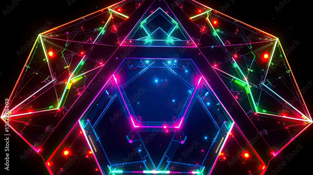 Poster abstract polygon structure with neon lights on dark background for design