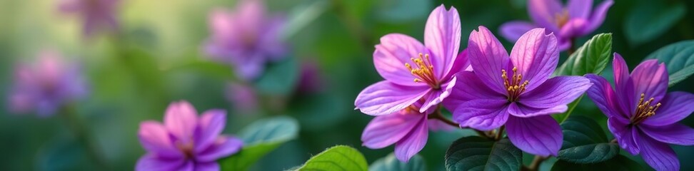 Fototapeta premium A vibrant bouquet of purple flowers with lush green leaves, botanical, nature