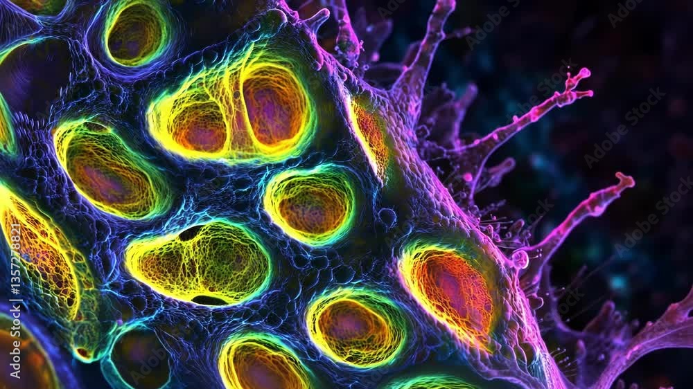Poster stunning depiction of cellular structures in vivid colors, showcasing intricate patterns and texture