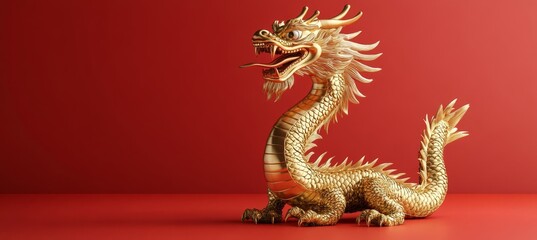 Fototapeta premium Golden Dragon Sculpture on Red Background Symbol of Lunar New Year, Tradition, and Prosperity.