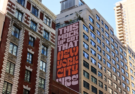 Building Wallscape Mockup for Outdoor Advertising in New York City Skyline