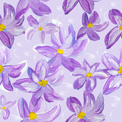 Seamless pattern of abstract painting purple flowers, original hand drawn, impressionism style, color texture, brush strokes of paint,  art background.