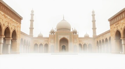 Obraz premium Grand Mosque Architecture with Minarets and Arches Under Foggy Weather