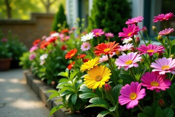 A vibrant collection of various flowers and plants displayed in a small garden,  botanical,  beautiful
