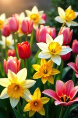 A vibrant collection of tulips, daffodils, cherry blossoms, and lilies in full bloom,  colorful,  seasonal