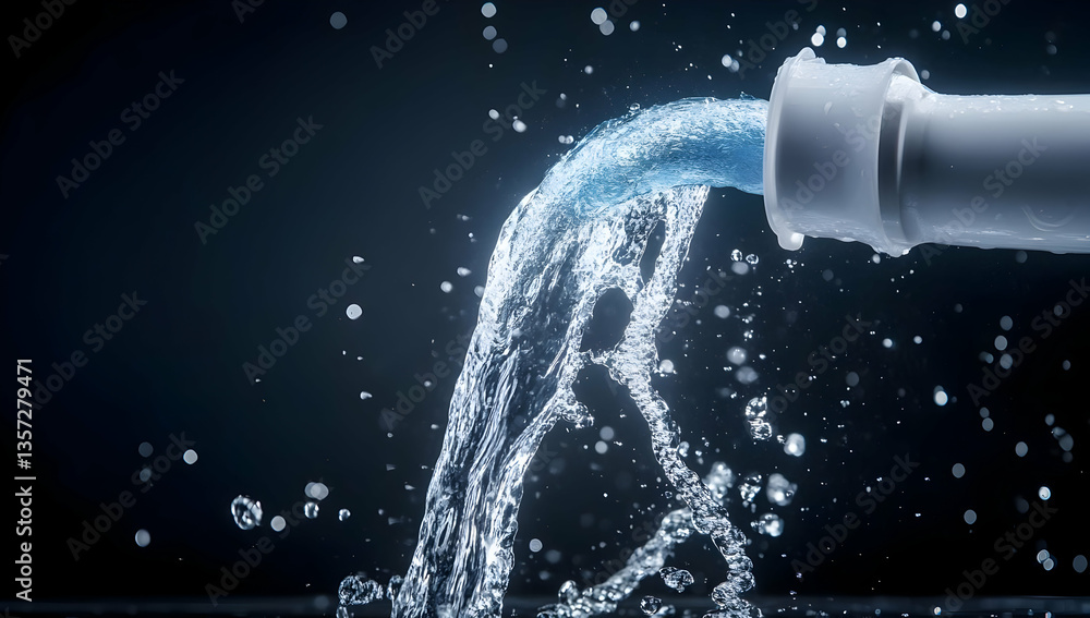 Poster a close-up image of water flowing from a pipe with splashes against a dark background, highlighting 