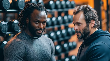 Gym workout partners discuss training