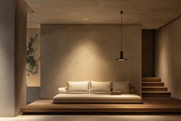 Serene Interior Scene with Modern Sofa Earth Tones Minimalist Lamp and Wooden Stairs Featuring Textured Walls and Soft Lighting
