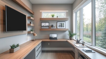 A contemporary home office with a warm wood desk and accents of cool grey tones