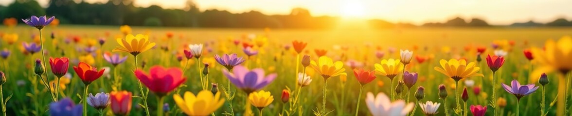 Obraz premium A vibrant display of colorful native prairie wildflowers blooming in a field under the sun's warm glow, prairie, rural