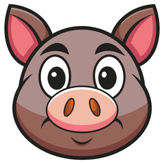 Isolated Cartoon Pig Head Vector, Cute Animal Face, Brown and Pink Colors, Smiling