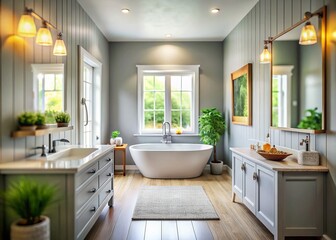 Modern Farmhouse Bathroom, Grey Tile, Tilt-Shift Photography, Minimalist Design, Chic Decor