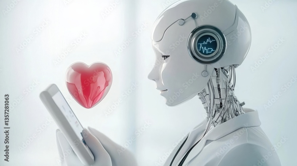 Poster futuristic robot with heart symbol and smartphone in bright setting