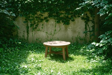 Serene Outdoor Scene with a Circular Wooden Table Surrounded by Lush Greenery in Nature
