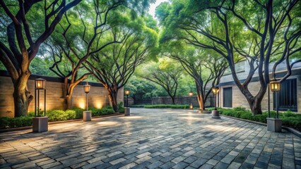 Fototapeta premium Serene Evening Ambiance A Picturesque Pathway Illuminated by Soft Lighting Underneath a Canopy of Lush Green Trees, Leading to a Tranquil Building