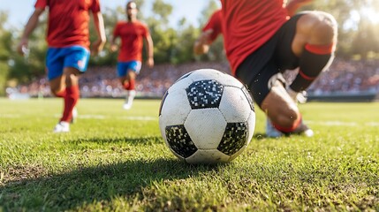 Fototapeta premium A close up photograph depicting soccer action on green grass