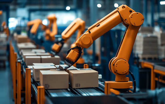 Automated assembly line working smoothly with robotic arm sorting boxes. future of logistics and manufacturing is now