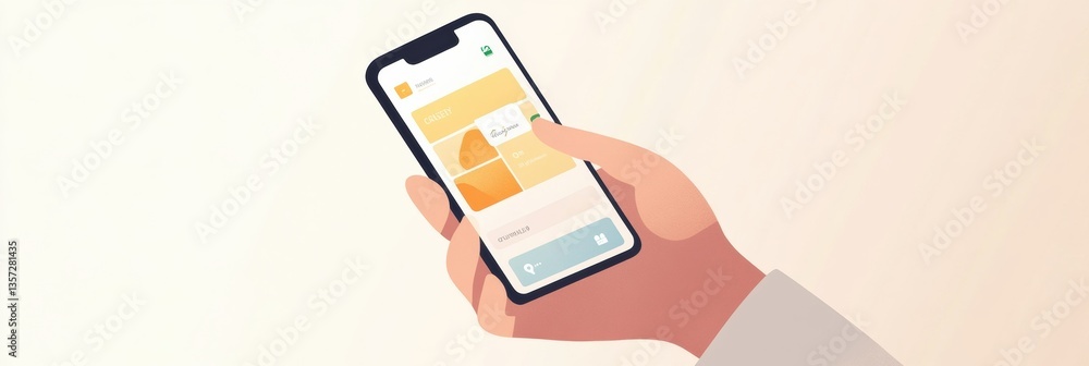 Poster Hand holds smartphone displaying grocery delivery app with simple design and soft gradients for user-friendly experience Generative AI