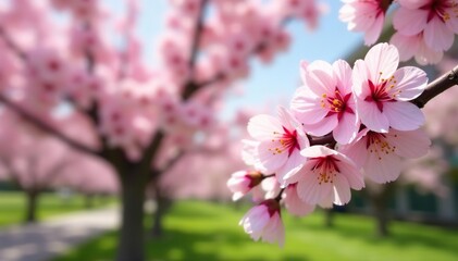 Obraz premium Beautiful cherry tree with tender blossoms in full bloom on a sunny spring day, flora, petals