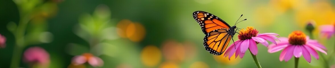 Fototapeta premium A vibrant Monarch butterfly perched on top of delicate pink coneflowers, wings, insects