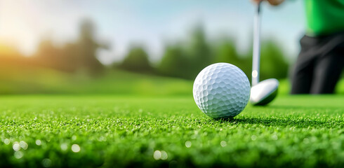 A close-up of a golf ball on lush green grass, ready for a perfect swing. Ideal for sports enthusiasts and golf promotions.