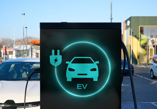 Electric Vehicle Charging Station in Urban Setting. PSD Mockup