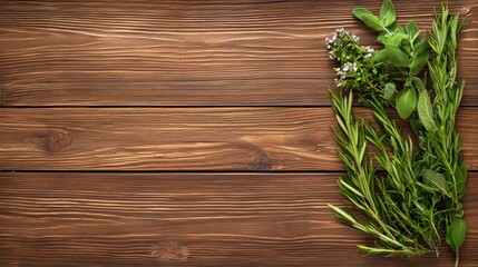 Fresh herbal arrangement on rustic wooden table
