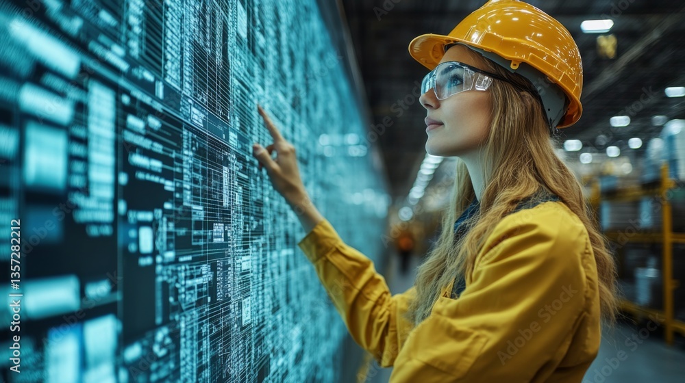 Poster a warehouse worker in safety gear interacts with digital inventory systems on a screen, optimizing l
