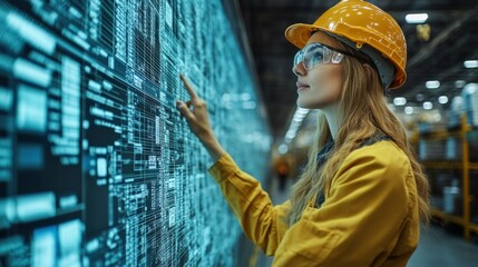 A warehouse worker in safety gear interacts with digital inventory systems on a screen, optimizing logistics and fulfillment tasks in a busy distribution hub during the day.