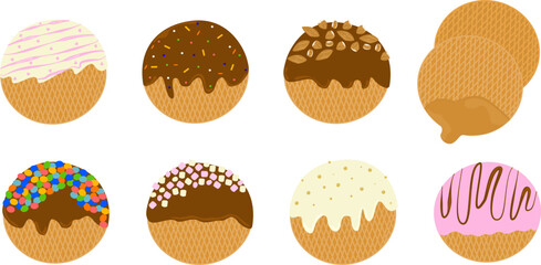 Set of round cookies Stroopwafels with caramel filling. Dutch waffles with different sprinkles marshmallow, almond, dragee, topping. Vector isolated illustrations for menu design, prints, stickers.
