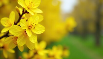 Obraz premium Beautiful Forsythia bush with vibrant yellow flowers blooming in spring, with selective focus creating a soft background for copy space, beautiful, garden