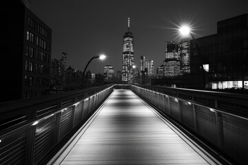 Fototapeta premium Moody monochrome view of Staple street skybridge by night, in Tribeca, New York City