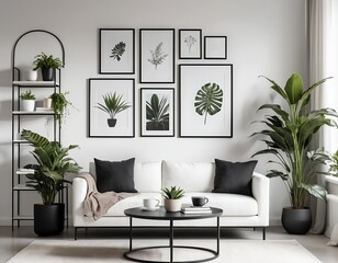 Modern Living Room Interior with Plants and Black and White Decor