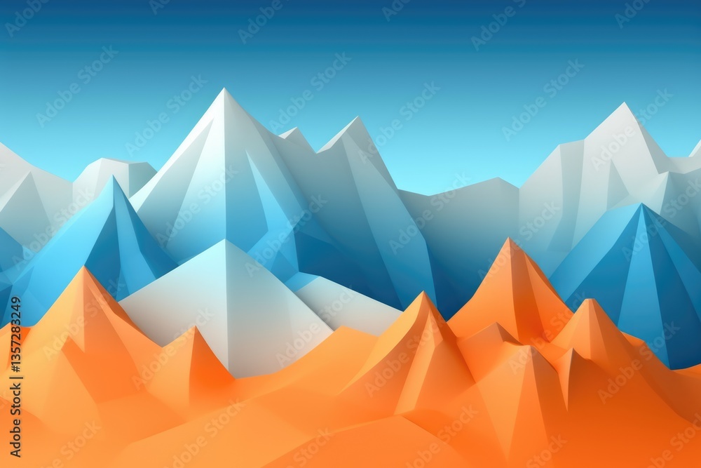 Poster the abstract picture of the blue mountain that painted with geometry and layers of the hills, abstra