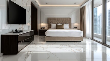 A contemporary hotel suite with white marble floors and a luxurious bed with a beige velvet headboard