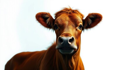 Close-up of Brown Cow Head on White Background Farm Animal