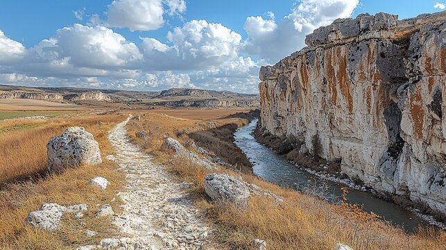 Hiking trail along autumn river gorge