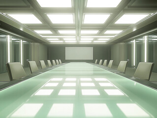 Modern conference room with glass table and bright lighting, ideal for meetings and presentations