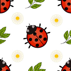 A seamless vector pattern featuring ladybugs, daisies, and green leaves on a white background. The ladybugs are bright red with black spots, while the daisies are white with yellow centers.