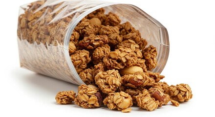 Granola Spilling From Clear Bag with Nuts on White Background