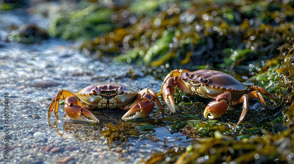 Poster a serene coastal scene with crabs scurrying near shallow water and seaweed