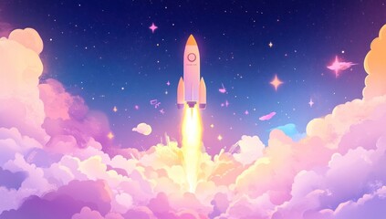 Naklejka premium A rocket ship blasts off towards the stars above colorful clouds