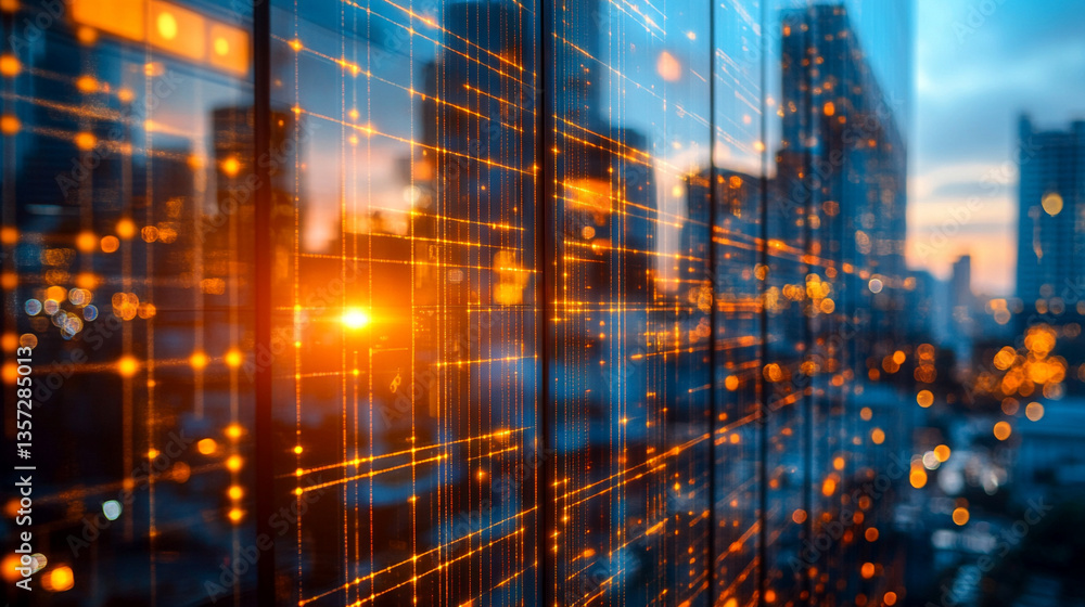 Poster a futuristic building illuminated by glowing digital network lines, representing smart construction 