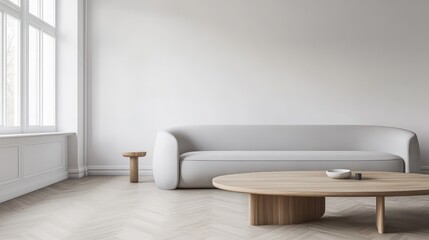 A contemporary interior featuring a pale grey sofa and a smooth, minimalist wooden table on a parquet floor