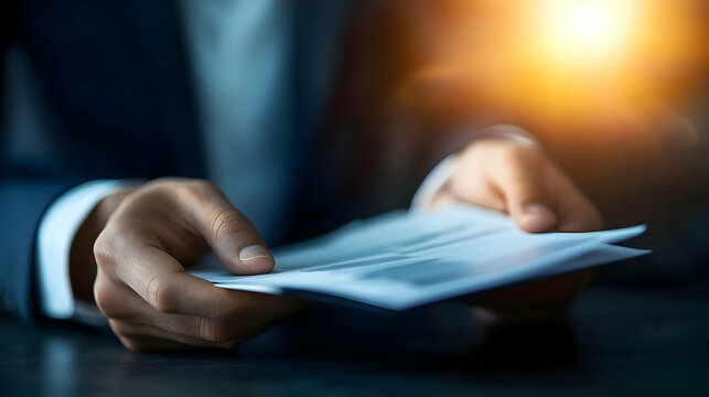 A close-up of hands presenting important documents, symbolizing business transactions and professional communication.