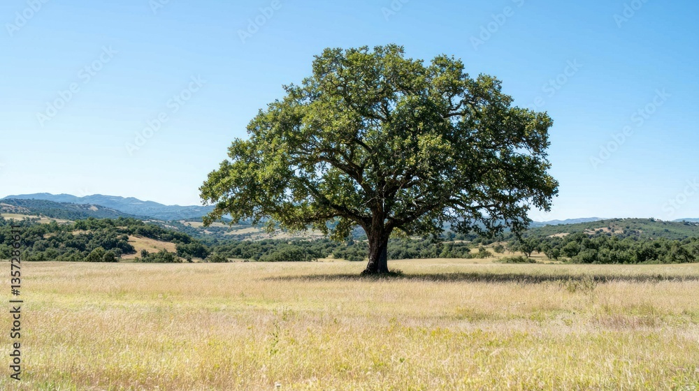 Poster a single oak tree standing tall in a vast open field under a clear blue sky.