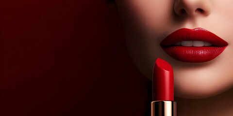 Obraz premium A close-up of stunning red lipstick applied to luscious lips, conveying elegance and beauty against a vibrant red background.