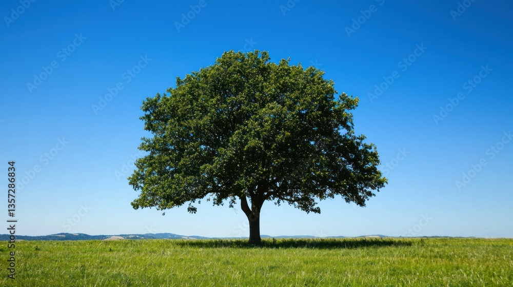 Poster A single oak tree standing tall in a vast open field under a clear blue sky. 